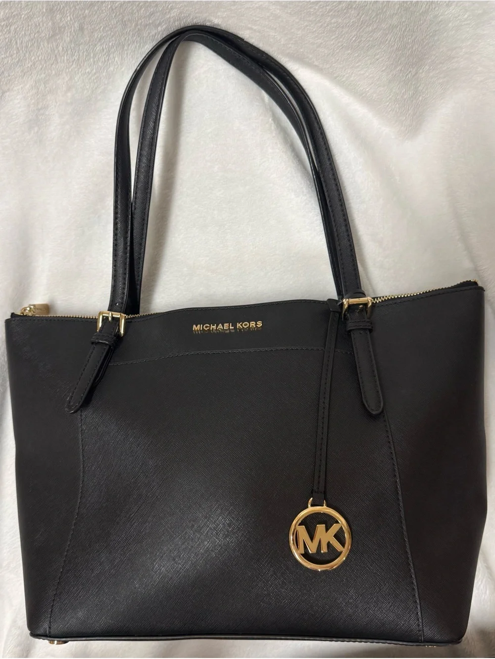 Michael Kors Black Saffiano Leather Tote with Gold MK Charm